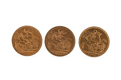 Lot 369 - THREE FULL GOLD SOVEREIGN ENGLISH COINS, 1877...