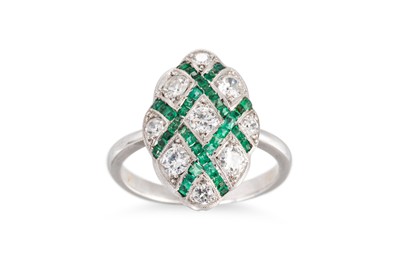 Lot 384 - AN EMERALD AND DIAMOND NAVETTE SHAPED DRESS...