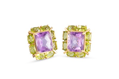 Lot 381 - A PAIR OF AMETHYST AND PERIDOT CLUSTER...
