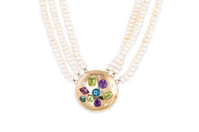Lot 383 - A THREE STRAND RIVER PEARL NECKLACE, to a 9ct...