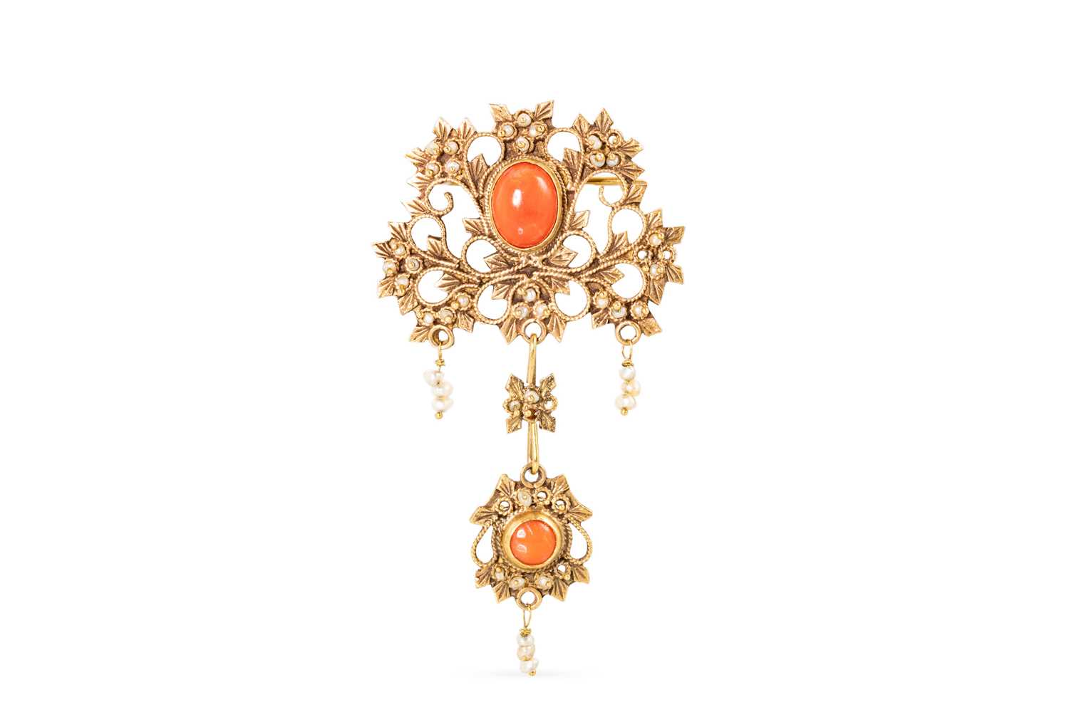 Lot 98 - A VINTAGE CORAL AND SEED PEARL FILAGREE DROP...