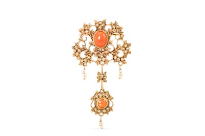 Lot 98 - A VINTAGE CORAL AND SEED PEARL FILAGREE DROP...