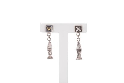 Lot 87 - A PAIR OF STERLING SILVER DROP EARRINGS, by...