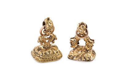 Lot 161 - TWO ANTIQUE PINCHBECK FOB SEALS / PENDANTS,...