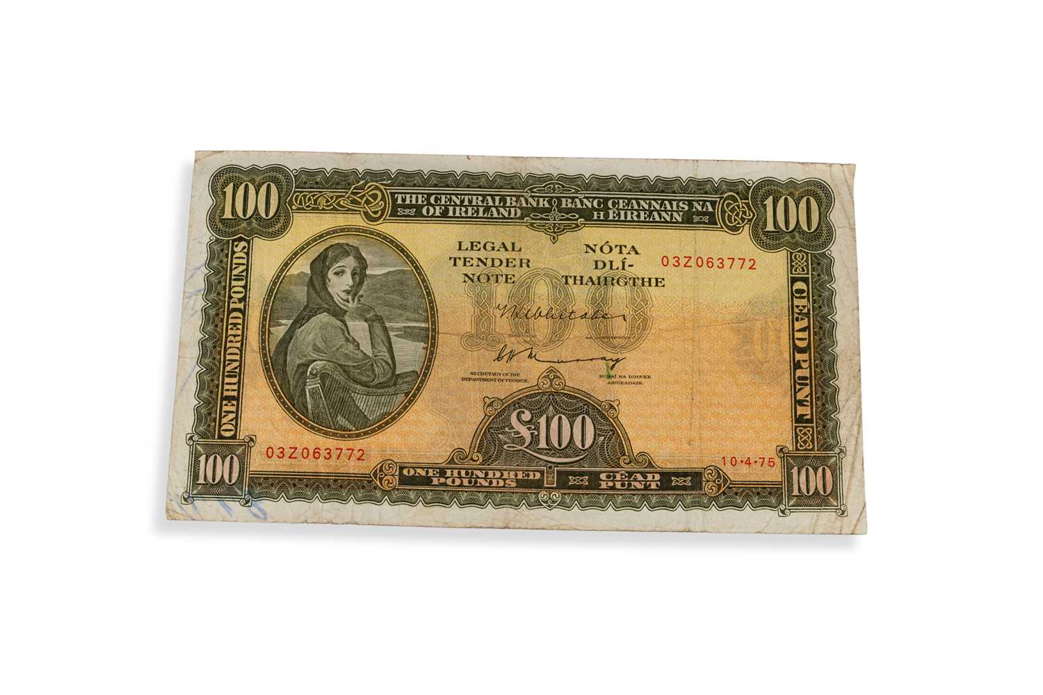 Lot 439 - AN IRISH LADY LAVERY £100 BANKNOTE, with ink...