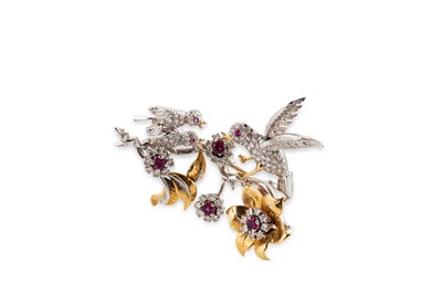 Lot 343 - A VINTAGE DIAMOND AND RUBY SET BROOCH,...