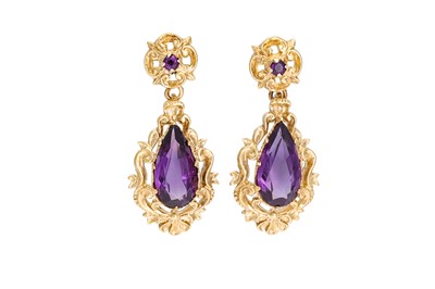 Lot 39 - A PAIR OF AMETHYST DROP EARRINGS, the pear...