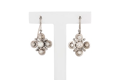 Lot 72 - A PAIR OF DIAMOND DROP EARRINGS, quatrefoil...