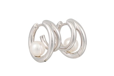 Lot 315 - A PAIR OF HOOP EARRINGS SET WITH PEARLS, in...