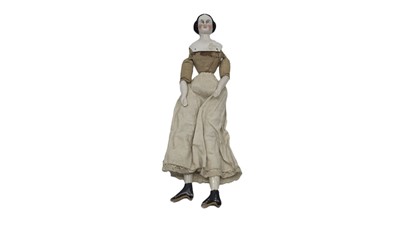 Lot 593 - AN ANTIQUE PORCELAIN DOLL, polychrome head,...