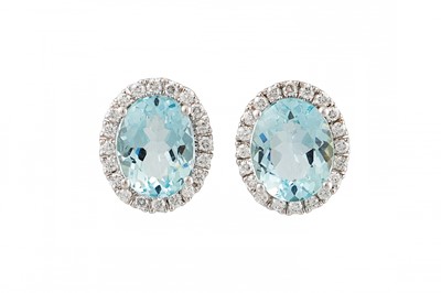 Lot 390 - A PAIR OF AQUAMARINE AND DIAMOND CLUSTER...