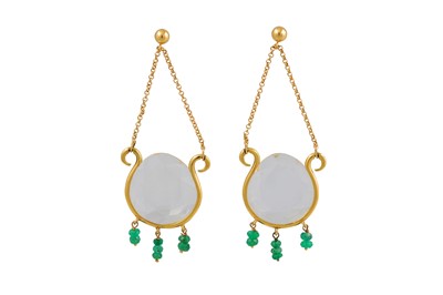 Lot 394 - A PAIR OF ROCK CRYSTAL AND ENERALD DROP...