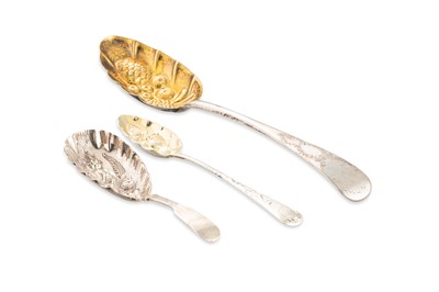 Lot 582 - THREE ATTRACTIVE SILVER ANTIQUE BERRY SPOONS,...