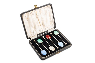 Lot 586 - A CASED SET OF SIX VINTAGE SILVER & ENAMEL...