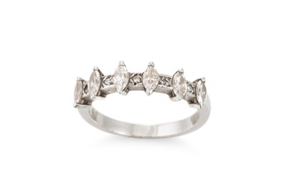 Lot 312 - A DIAMOND SIX STONE RING, the marquise cut...