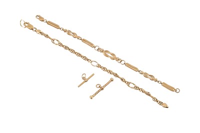 Lot 251 - TWO GOLD BRACELETS, together with two T-bars....