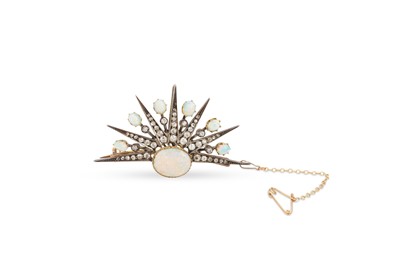 Lot 227 - AN ANTIQUE DIAMOND AND OPAL SUNRISE BROOCH,...