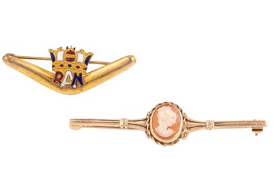 Lot 388 - A 9CT YELLOW GOLD CAMEO BAR BROOCH, together...