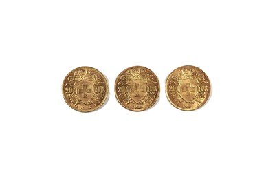 Lot 501 - THREE SWISS 20 FRANC GOLD COINS, 0.900 fine,...