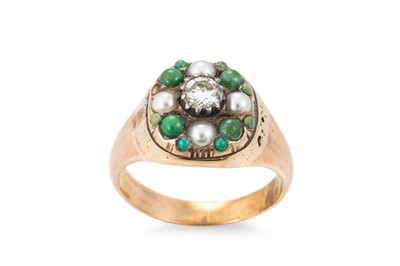 Lot 343 - A DIAMOND, PEARL AND GREEN STONE SET RING,...