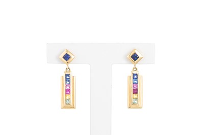 Lot 254 - A PAIR OF RAINBOW SAPPHIRE EARRINGS, mounted...