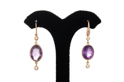 Lot 270 - A PAIR OF AMETHYST AND DIAMOND DROP EARRINGS,...