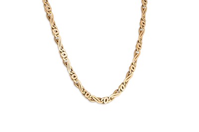 Lot 203 - A 9CT GOLD FLAT FANCY LINK NECK CHAIN, 23 g.