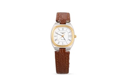 Lot 421 - A LADY'S BI-METAL LONGINES WRISTWATCH, date,...