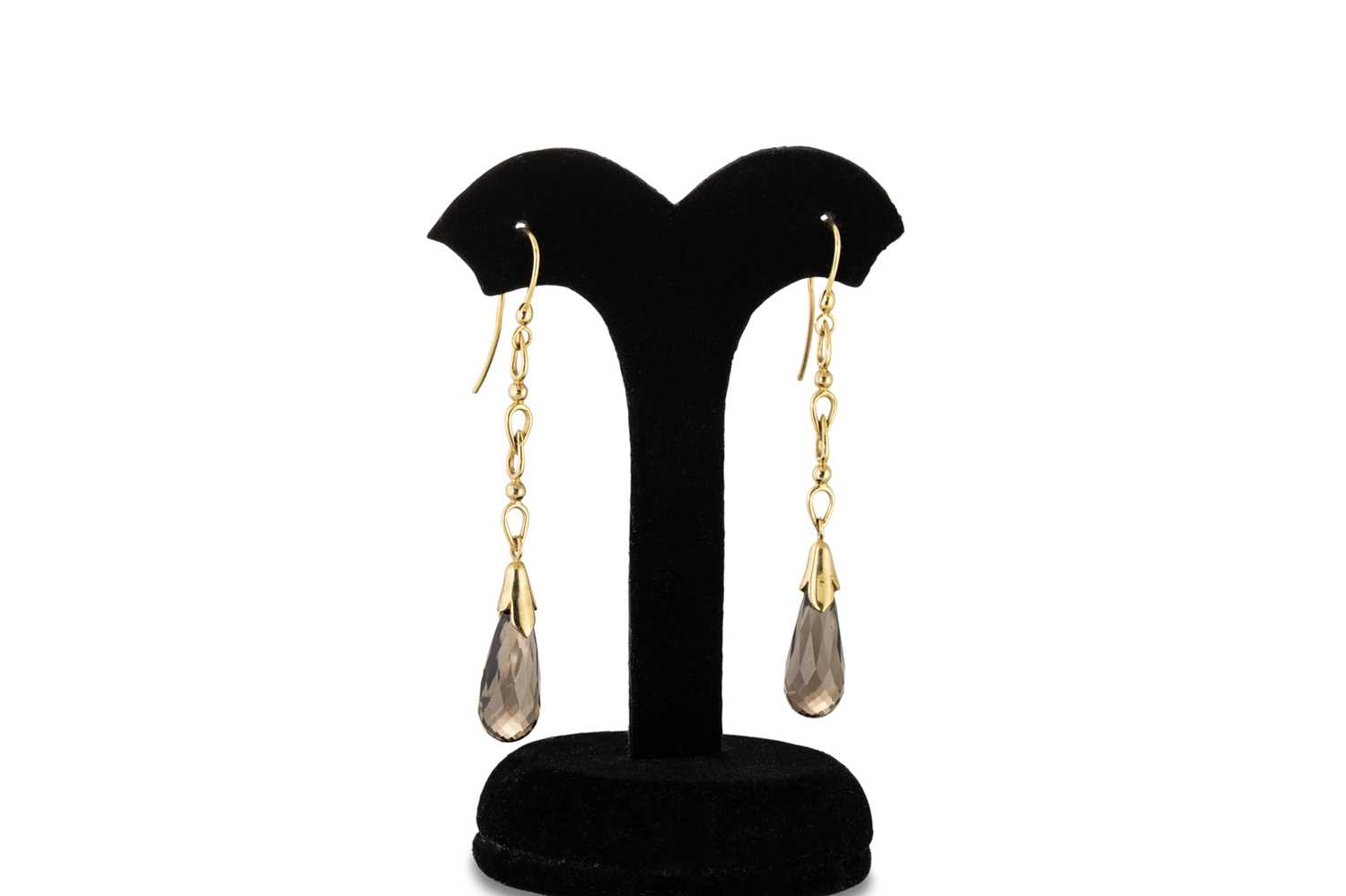 Lot 13 - A PAIR OF SMOKY QUARTZ DROP EARRINGS, mounted...