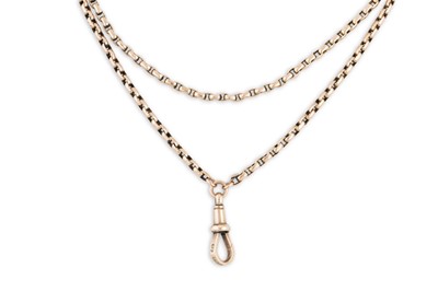 Lot 24 - A VINTAGE YELLOW METAL MUFF CHAIN, with dog...
