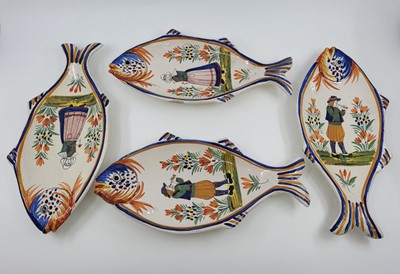 Lot 503 - A SET OF FOUR FRENCH QUIMPER FISH DISHES, hand...
