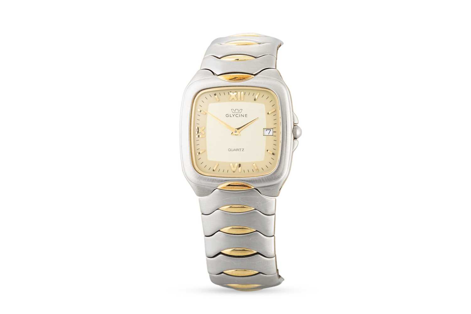 Lot 464 - A GLYCINE STAINLESS STEEL WRISTWATCH, square...