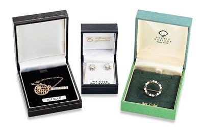 Lot 244 - A CULTURED PEARL AND STONE SET BROOCH, mounted...