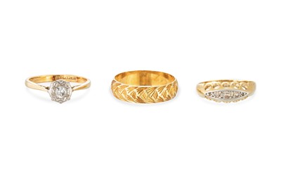 Lot 76 - THREE 18CT YELLOW GOLD RINGS, two diamond set,...