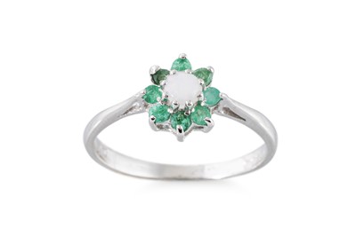 Lot 88 - AN OPAL AND EMERALD CLUSTER RING, the central...