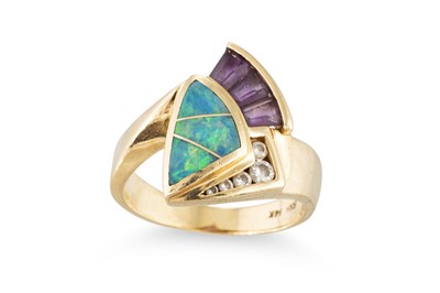 Lot 172 - A DIAMOND, OPAL AND AMETHYST SET DRESS RING,...