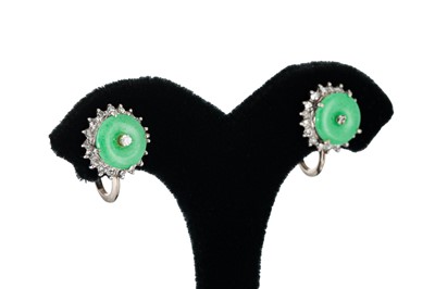 Lot 324 - A PAIR OF VINTAGE JADE AND DIAMOND EARRINGS