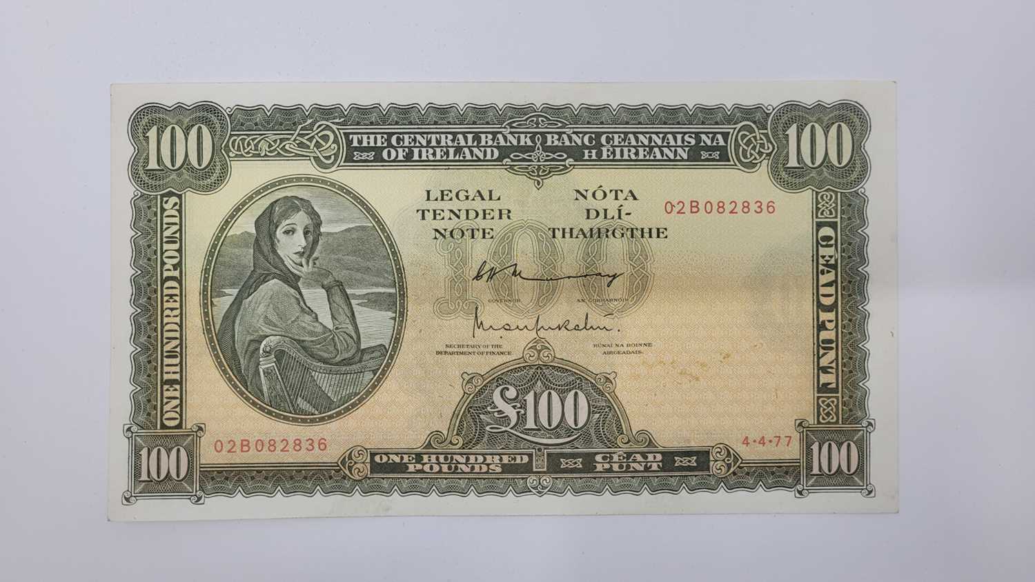 Lot 404 - A £100 LADY LAVERY IRISH BANKNOTE, 4-4-77, GEF