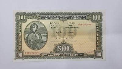 Lot 404 - A £100 LADY LAVERY IRISH BANKNOTE, 4-4-77, GEF