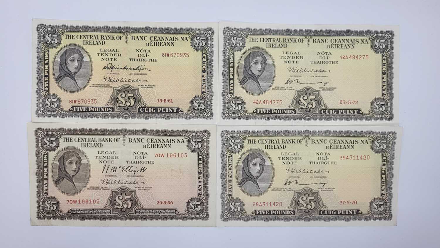 Lot 407 - FOUR LADY LAVERY £5 IRISH BANKNOTES, 1956,...