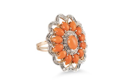 Lot 196 - A CORAL AND DIAMOND SET CLUSTER RING, the...