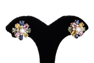 Lot 317 - A PAIR OF PARTI-SAPPHIRE AND DIAMOND CLUSTER...