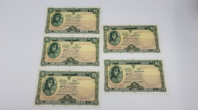 Lot 495 - FIVE IRISH BANK NOTES, to include £1 Lady...