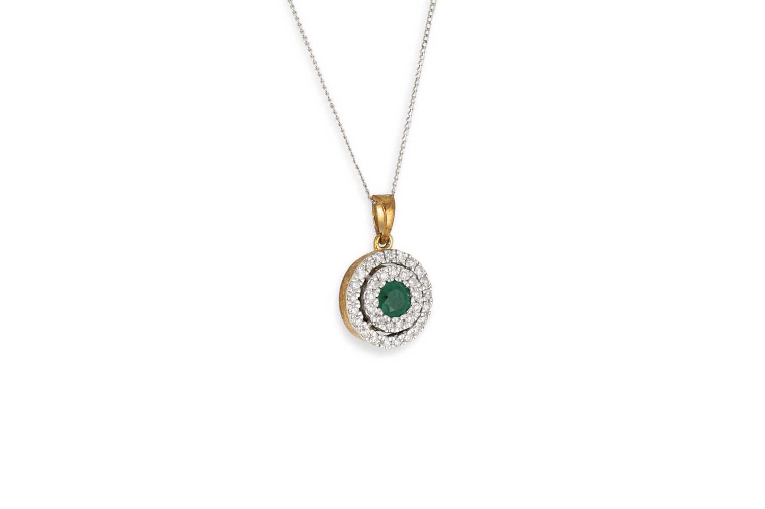 Lot 20 - A 9CT GOLD DIAMOND AND EMERALD CLUSTER PENDANT,...