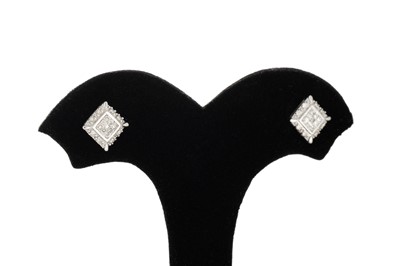 Lot 93 - A PAIR OF DIAMOND CLUSTER EARRINGS, of square...
