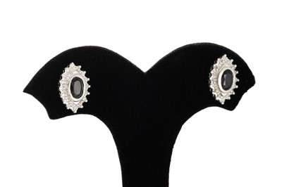 Lot 108 - A PAIR OF WHITE GOLD DIAMOND & SAPPHIRE...