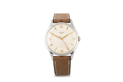 Lot 373 - A 1950s LONGINES WRISTWATCH, tan leather strap,...