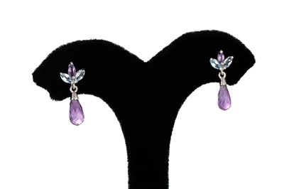 Lot 299 - A PAIR OF TOPAZ AND AMETHYST EARRINGS, mounted...