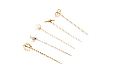 Lot 174 - FIVE ANTIQUE GOLD STICK PINS, various stone...
