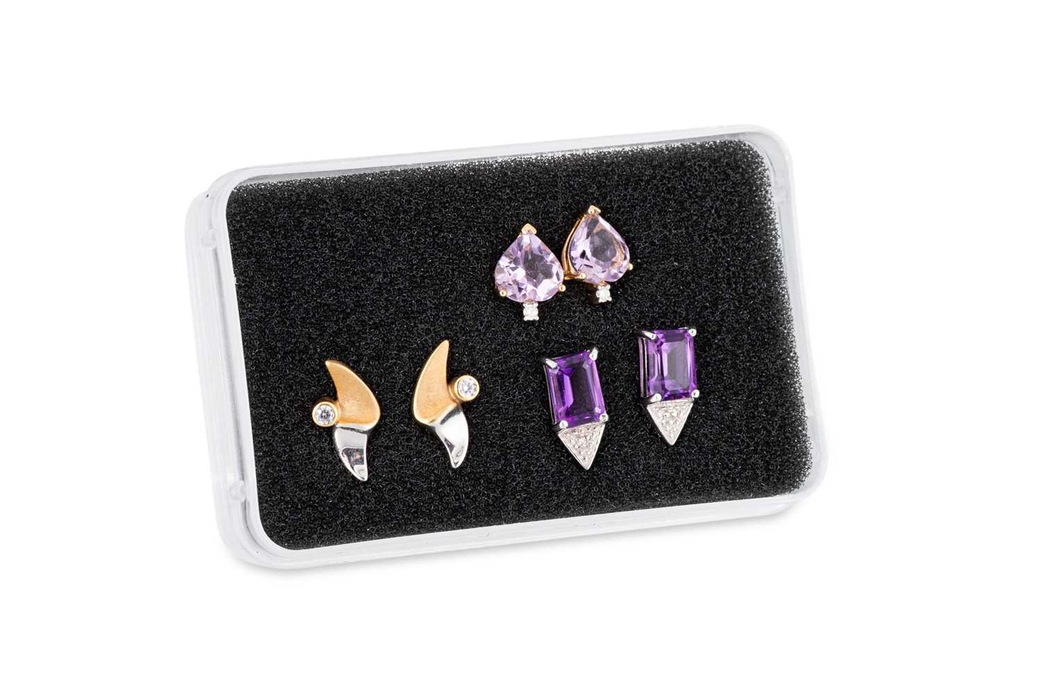 Lot 56 - THREE PAIRS OF EARRINGS, two set with amethyst,...